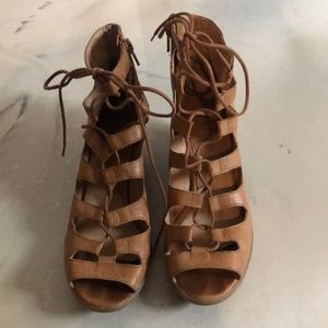 Brown leather lace up heels